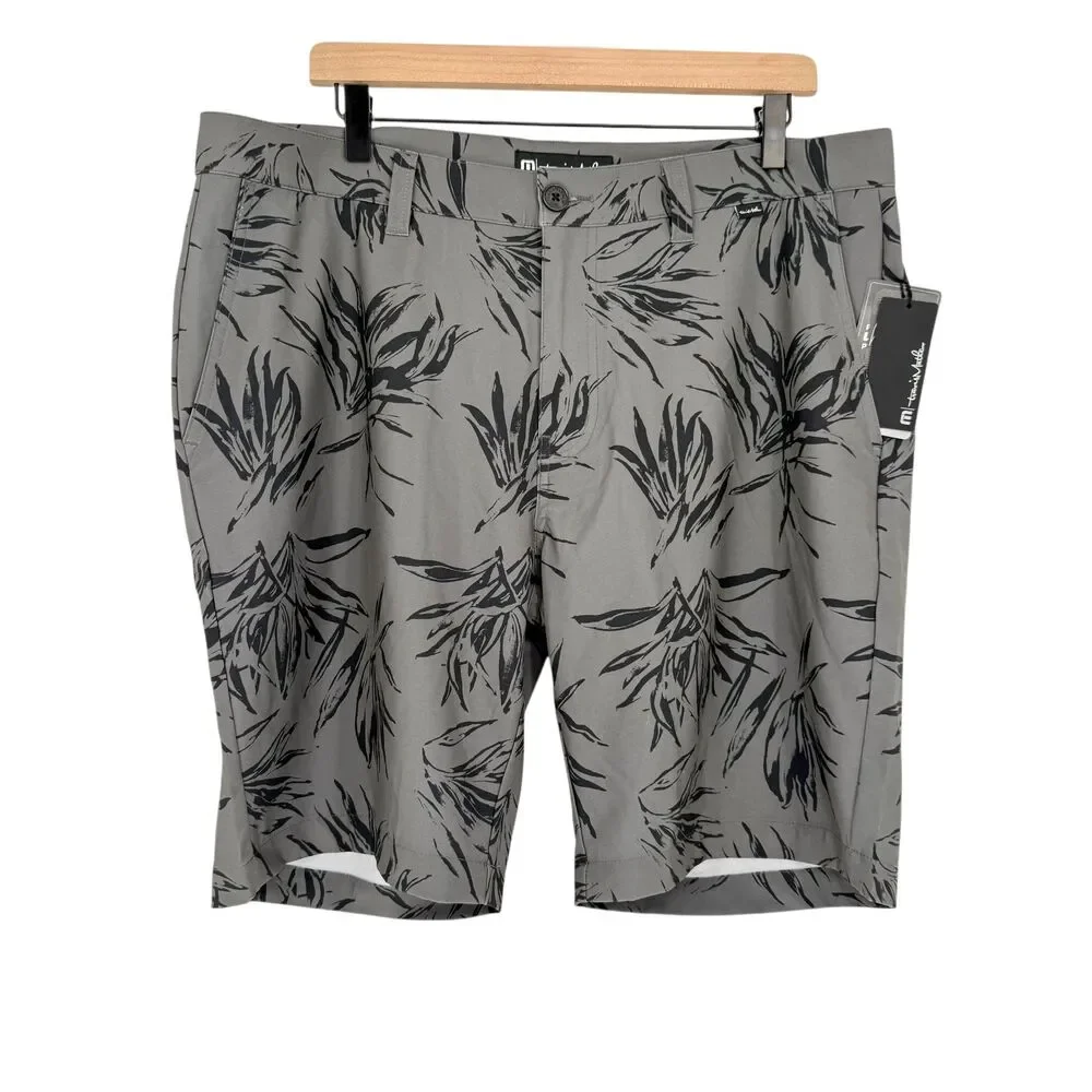 TravisMathew Golf Shorts 36 Grey Leaf Print Performance Stretch Pockets Resort